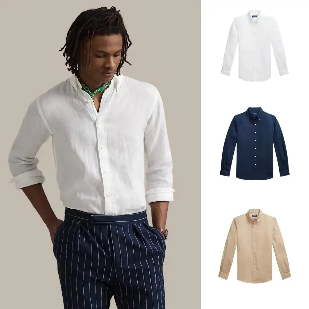 Kaufen Sie 1, erhalten Sie 3 – Klassisches Leinenhemd Luxvian Keramikweiß • Marineblau • Küstenbeige S