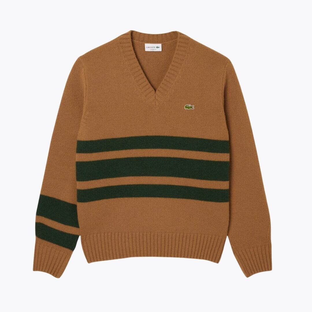 LC Striped Wool V Neck Sweater Lacoste Aurev Brown / green S