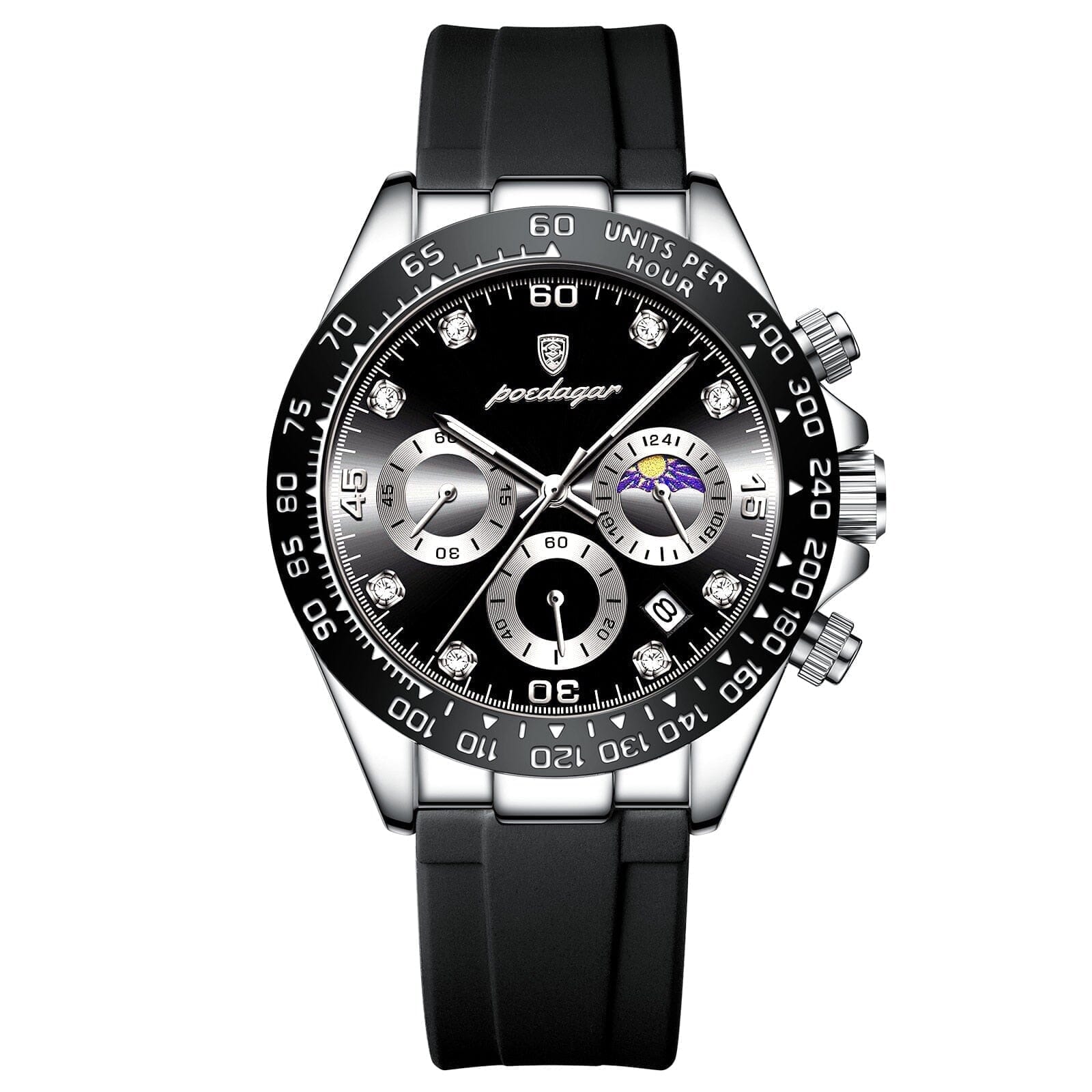 POEDAGAR Watch Chronograph Fase Date Poedagar Luxvian Silver Black