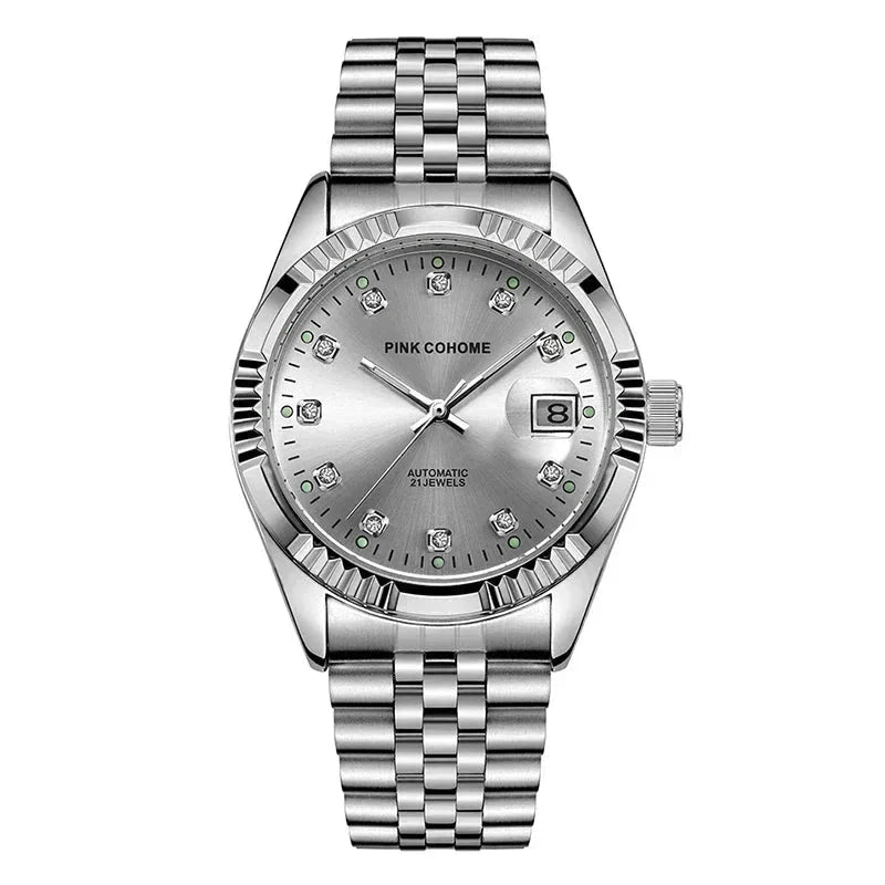 POEDAGAR Watch Pink Cohome Automatic Poedagar Luxvian Silver White