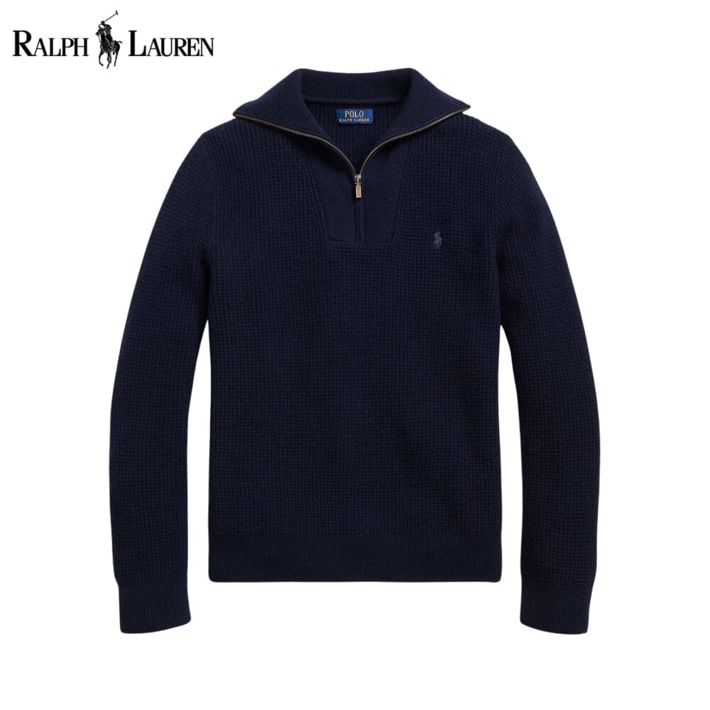 RL Waffle-Knit Wool-Cotton Quarter-Zip Sweater Ralph Lauren Luxvian Blue Navy S