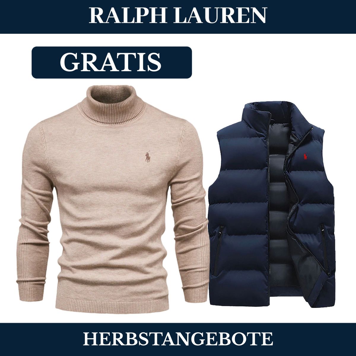 RL Weste + Gratis-Pullover (LAGERRĂUMUNG) Ralph Lauren Aurev Blau Beige M