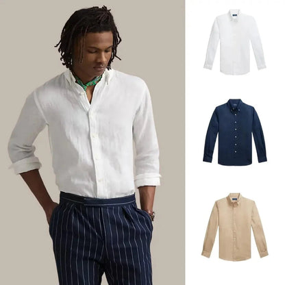 Kaufen Sie 1, erhalten Sie 3 – Klassisches Leinenhemd Luxvian Keramikweiß • Marineblau • Küstenbeige S 