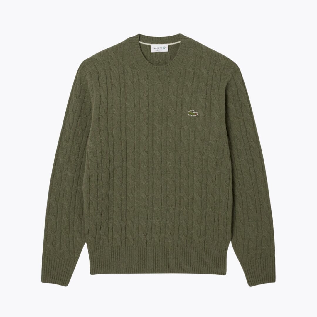 LC Cable Knit Carded Wool Crew Neck Sweater Lacoste Luxvian Khaki S 