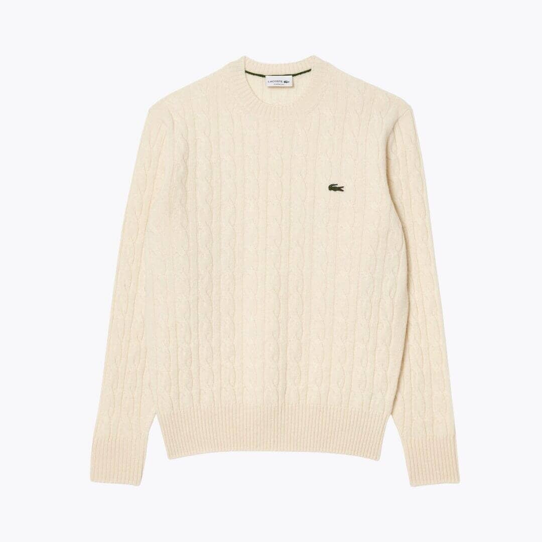 LC Cable Knit Carded Wool Crew Neck Sweater Lacoste Luxvian White S 