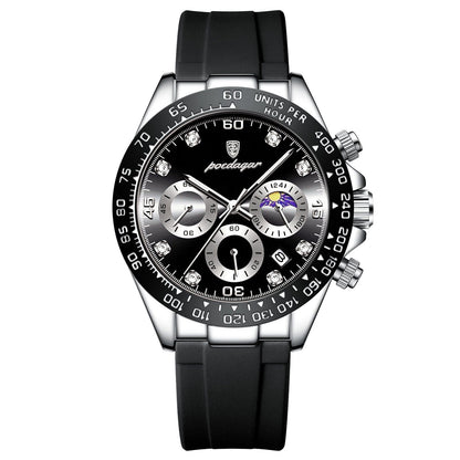 POEDAGAR Watch Chronograph Fase Date Poedagar Luxvian Silver Black 