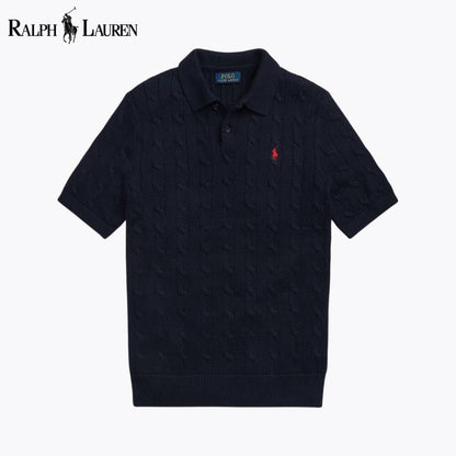 RL Cable-Knit Cotton Polo-Collar Sweater Ralph Lauren Luxvian Blue Navy S 
