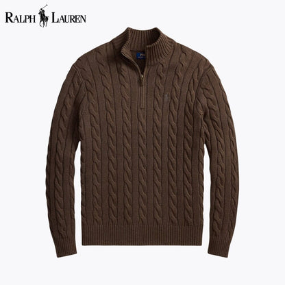 RL Chunky Cable-Knit Cotton Quarter-Zip Sweater Ralph Lauren Aurev Brown S 
