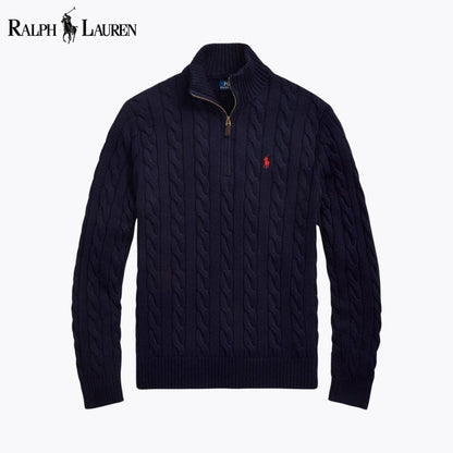 RL Chunky Cable-Knit Cotton Quarter-Zip Sweater Ralph Lauren Luxvian Blue Navy S 