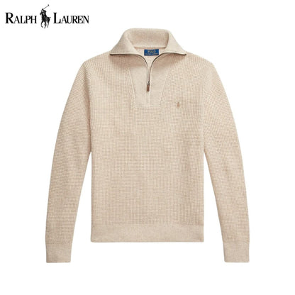 RL Waffle-Knit Wool-Cotton Quarter-Zip Sweater Ralph Lauren Luxvian Cream S 